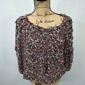 Max Studio Blouse V-Neck Boho Top Long Sleeve Flutter Floral Multicolor Size M